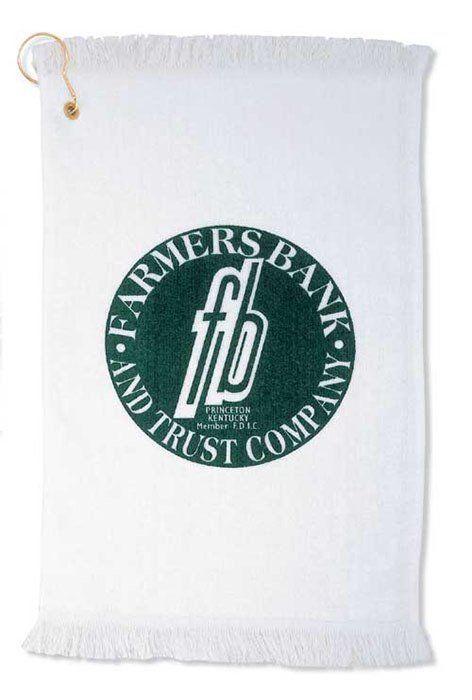 A white towel with the farmers bank logo on it