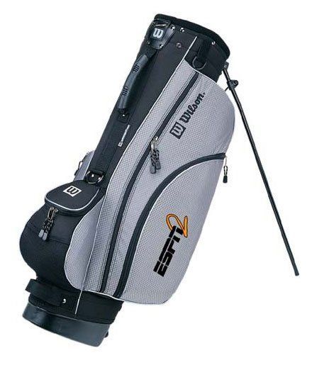 A gray and black golf bag that says espn on it