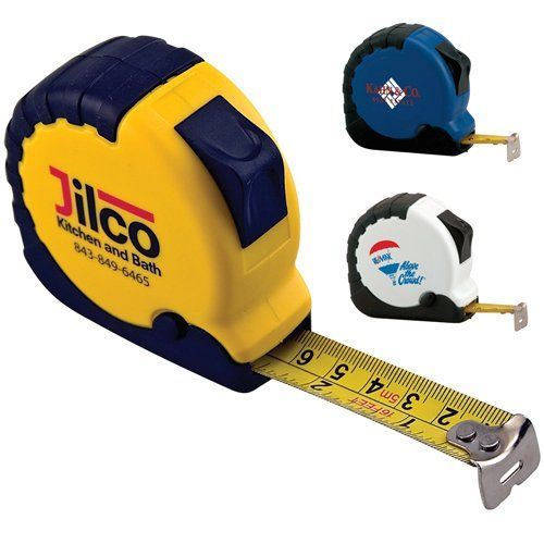 Three different colored jillco tape measures on a white background