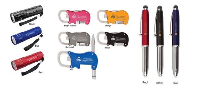 There are many different types of pens and a flashlight.