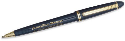 A blue pen with a gold trim is sitting on a white surface.