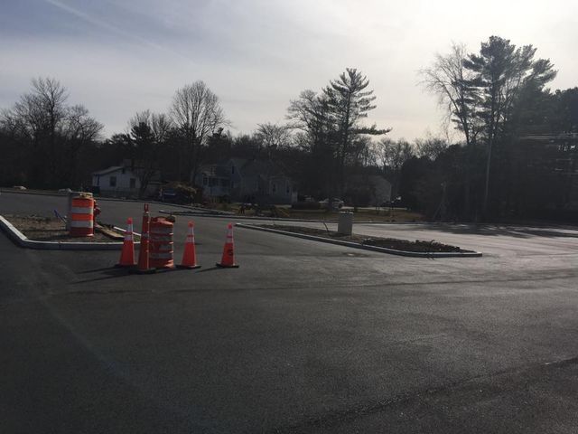 A row of orange traffic cones are lined up on the side of a road.