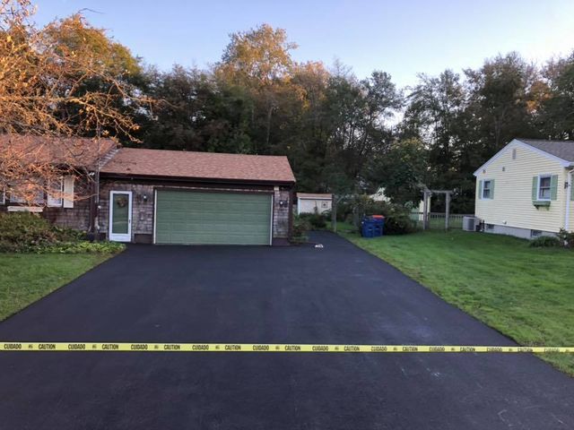 A driveway leading to a house with a green garage door.