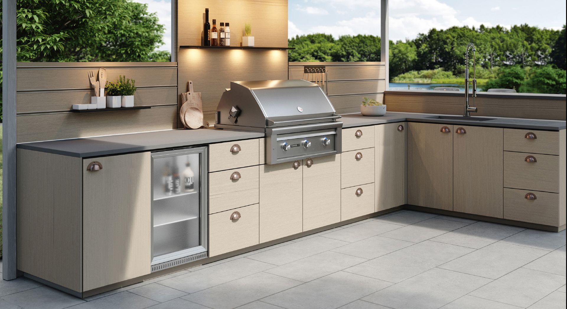 A kitchen with stainless steel appliances including a grill