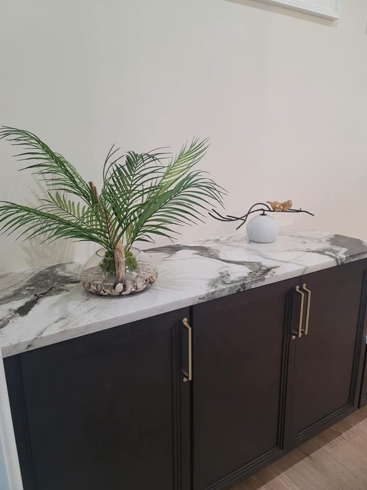 A palm tree is sitting on top of a marble counter top.