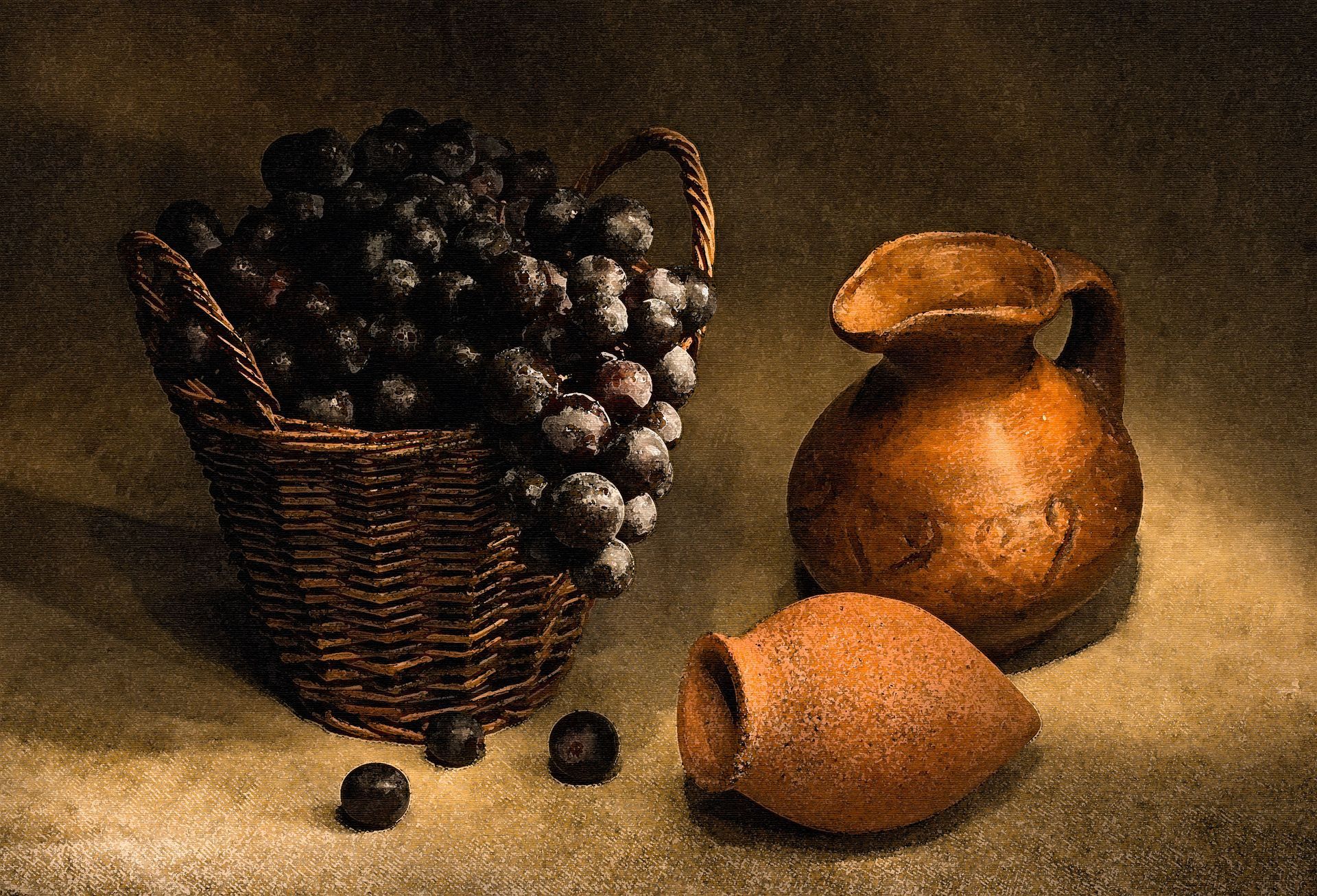 Basket of dark grapes, brown jug, and fallen terracotta pot on a textured surface.