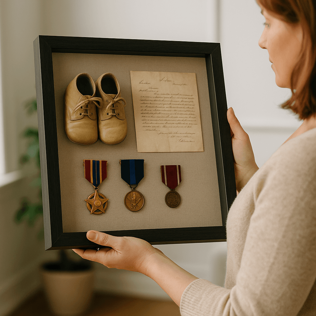 Woman holding framed display with baby shoes, document, and medals.