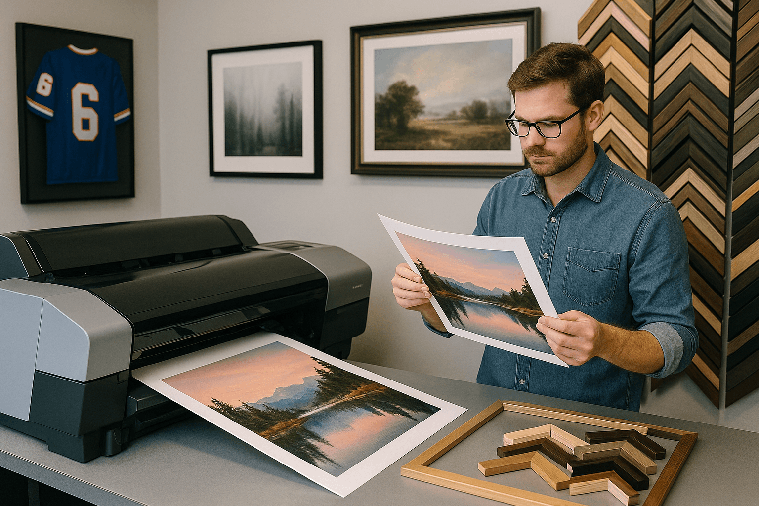 Man examines artwork just printed from a wide-format printer; frame samples and framed art pieces on walls.