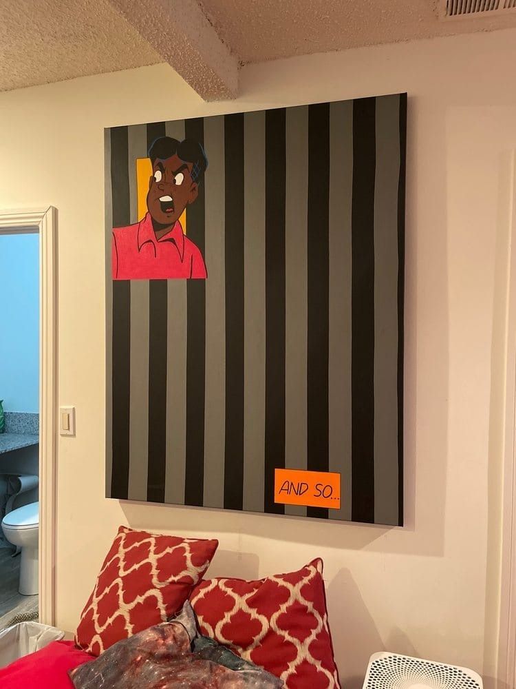 Artwork of a figure in a red shirt with an open mouth on a striped background, a small orange rectangle at the bottom.