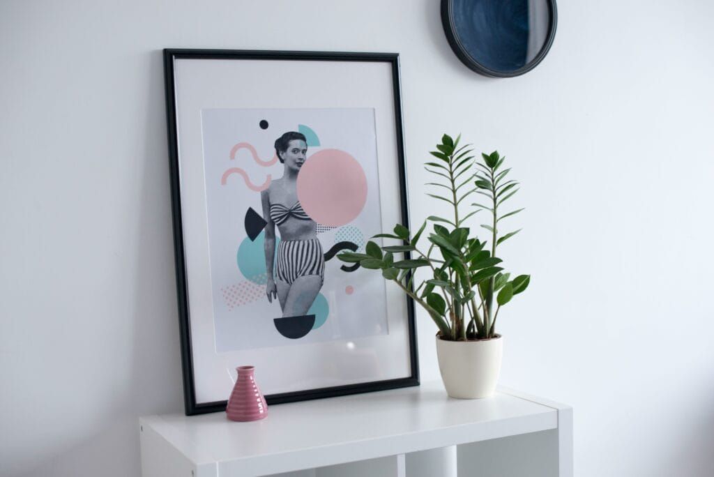 Poster with woman blowing bubblegum, potted plant, vase, and blue plate on white shelf.