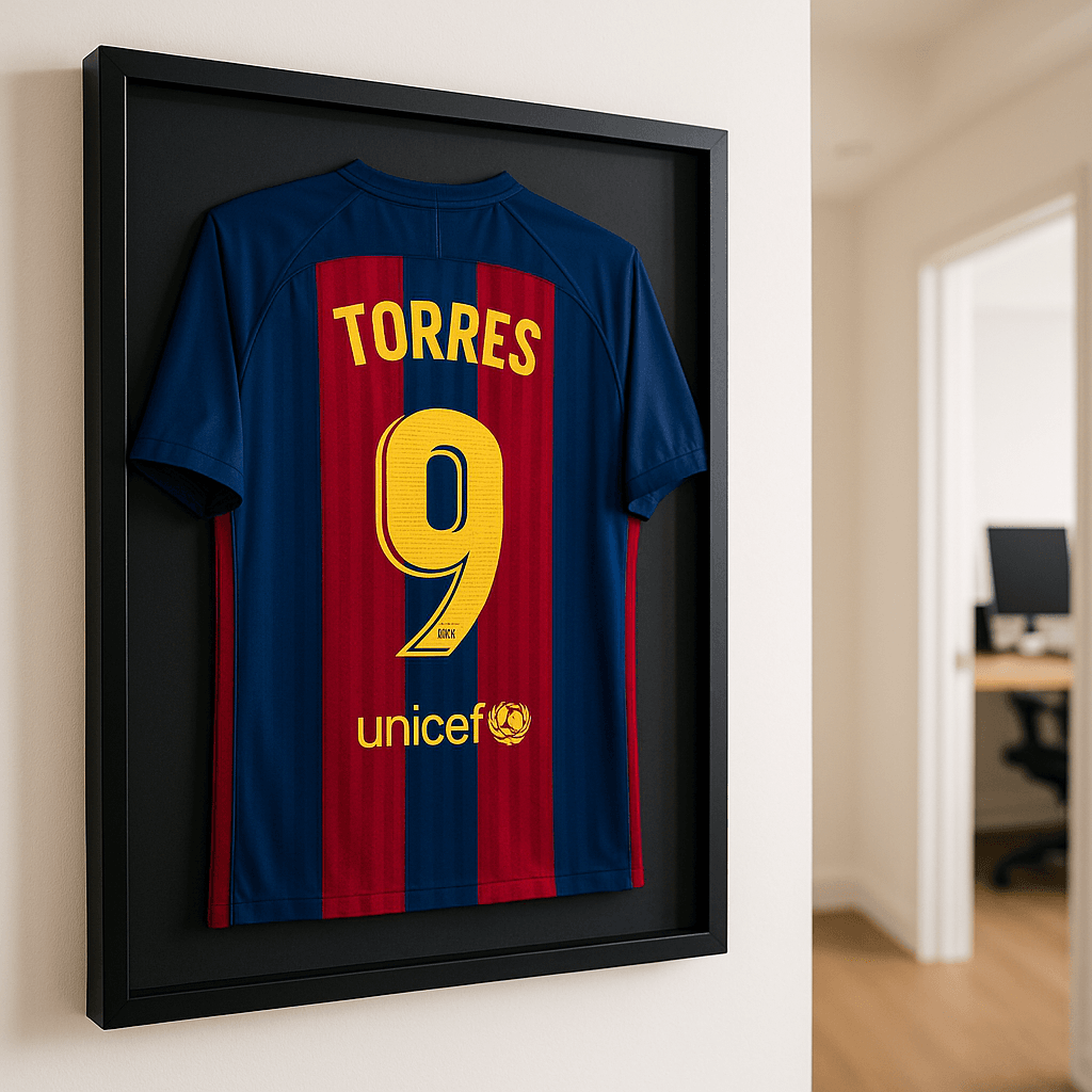 Framed FC Barcelona jersey on a white wall, 