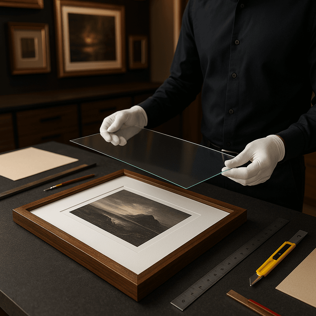 Person in gloves placing glass over framed artwork on a table.