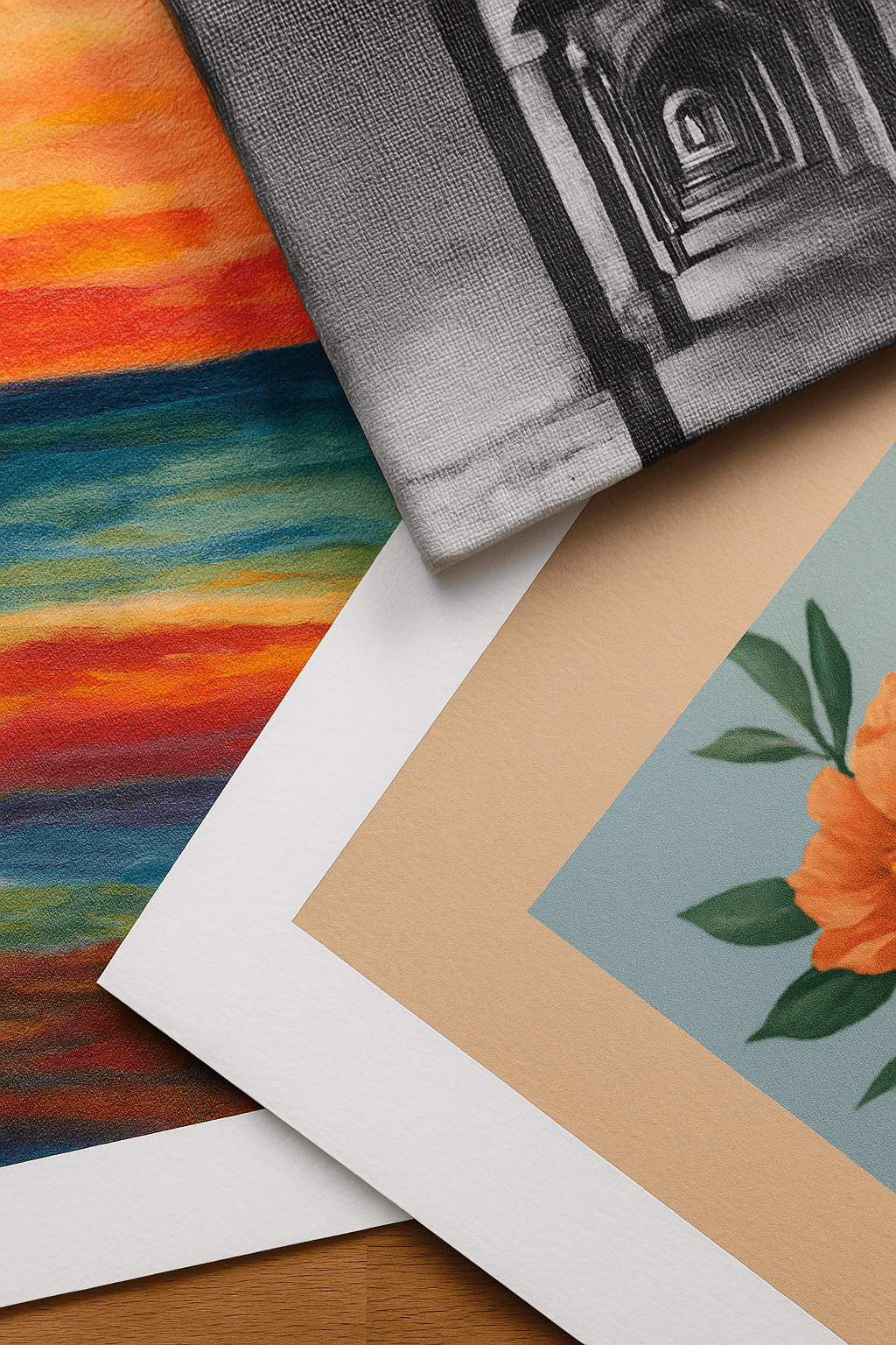 Colorful art prints stacked, featuring sunset, black and white hallway, and floral.