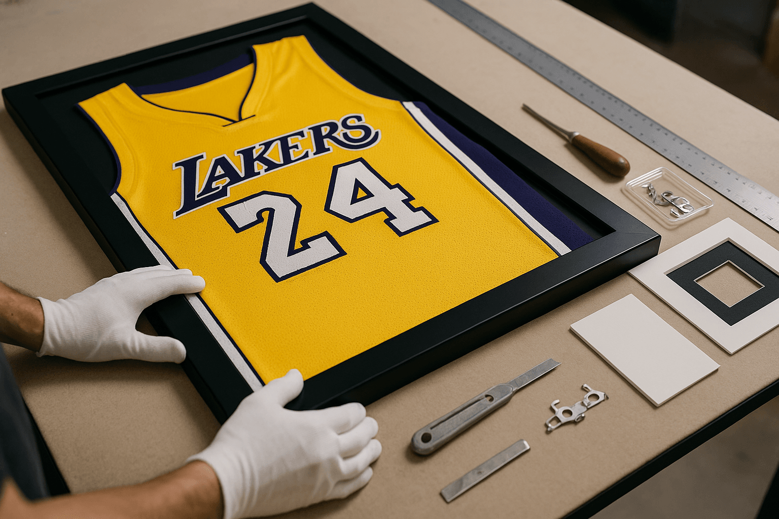Person in gloves framing a yellow Kobe Bryant Lakers jersey with black frame and matting.