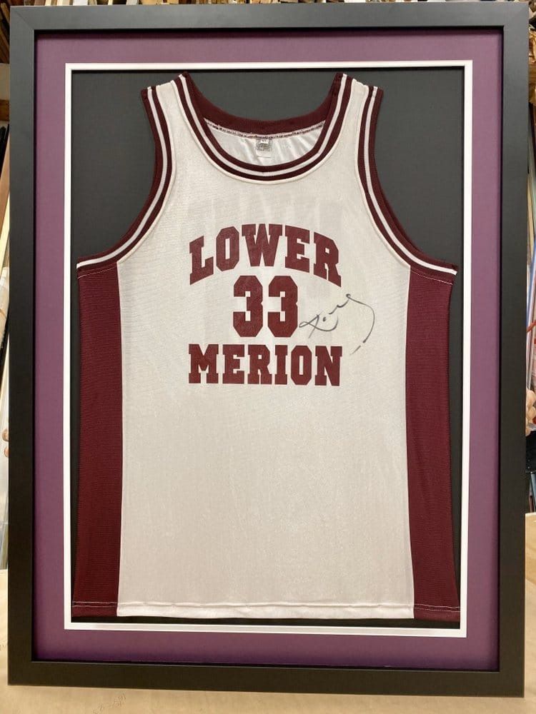 Framed basketball jersey, white with burgundy accents, 