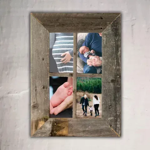 Four-photo family collage in a rustic wooden frame: pregnant belly, newborn, baby feet, and family walking in woods.