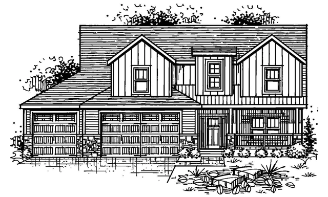 a black and white drawing of a house with a garage