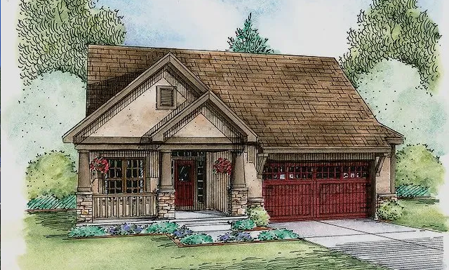 a drawing of a house with a red garage door