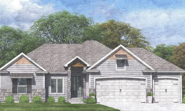 a rendering of a house with a gray roof and two garages 