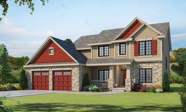 an artist 's impression of a house with two red garage doors