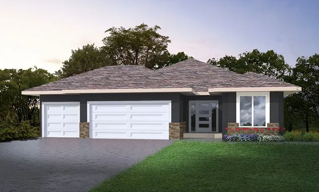 a rendering of a house with two garages and a driveway 