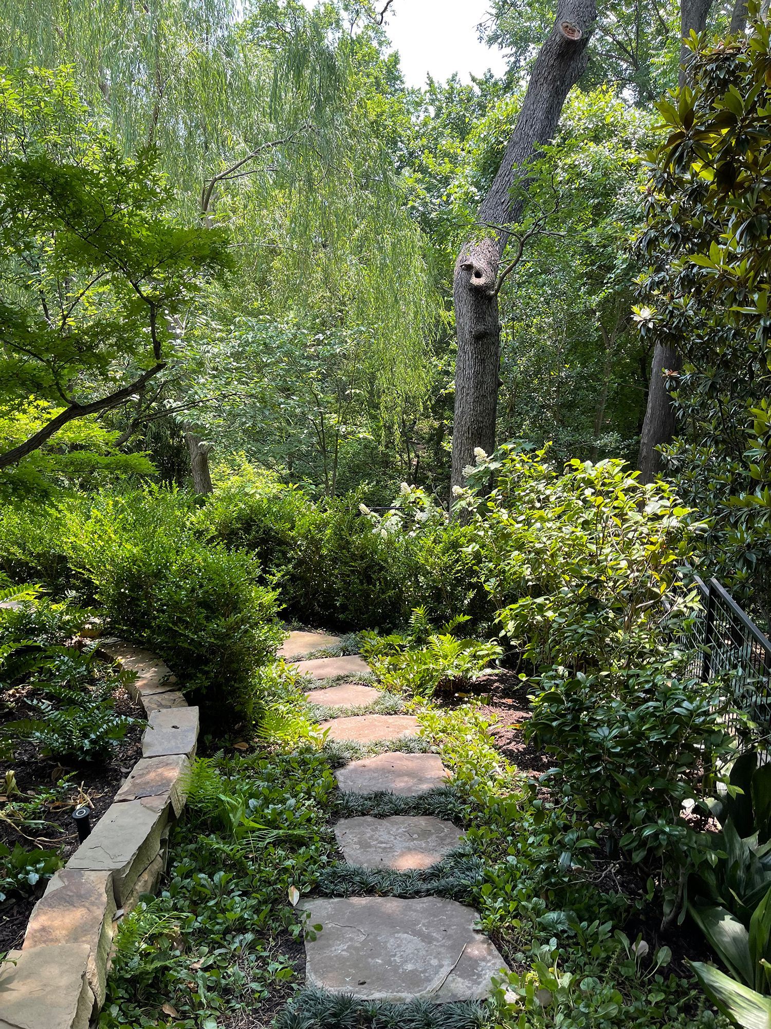 A stone path in a garden surrounded by trees and bushes.