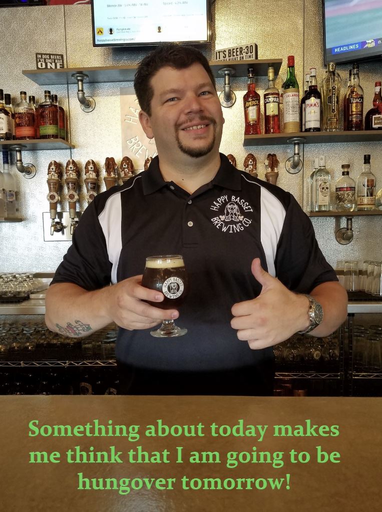 Bartender smiling, holding a beer, giving a thumbs up, with text saying 