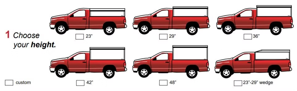 Red truck options for camper shells, with different height choices.