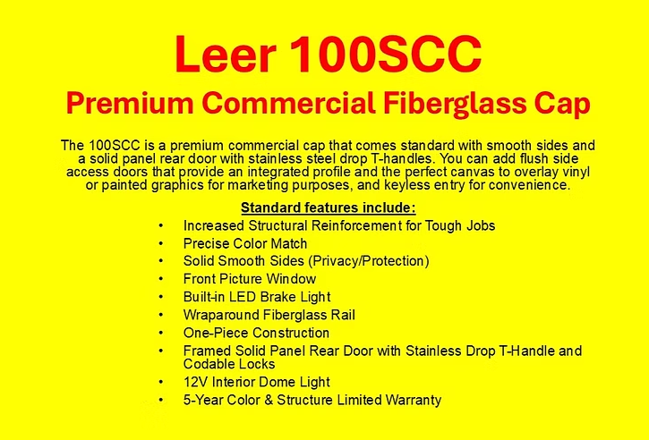 Yellow advertisement for Leer 100SCC truck cap, highlighting features like smooth sides, LED brake light, and a 5-year warranty.