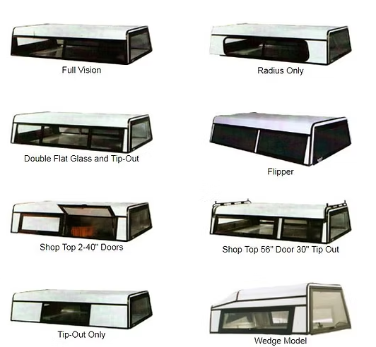 Varied truck bed toppers with different window and door configurations.