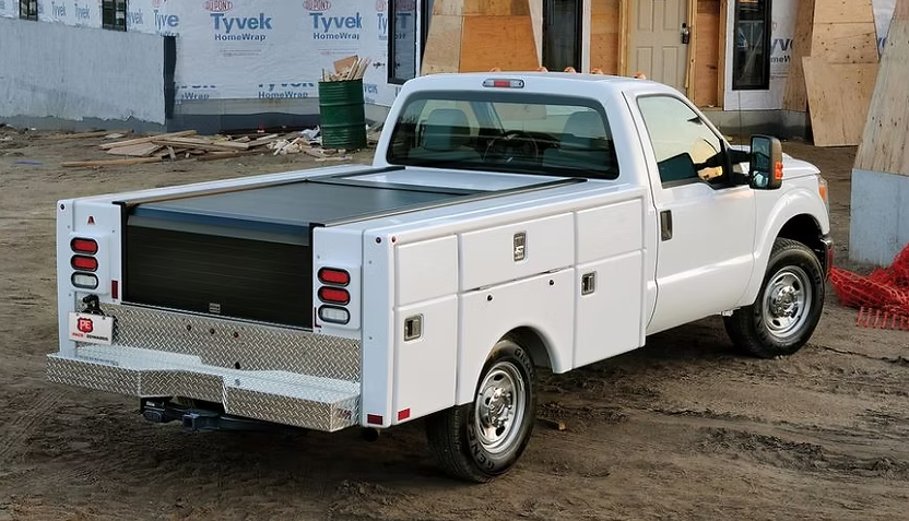 White work truck with a utility bed, parked at a construction site.