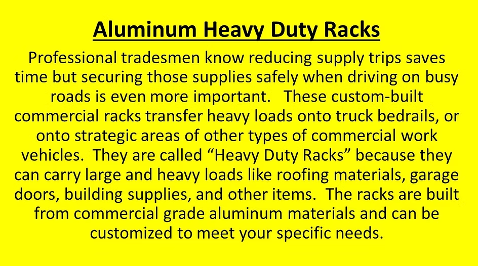 Text ad for aluminum heavy-duty racks. Yellow background with black text describing the product and its benefits for professional tradesmen.