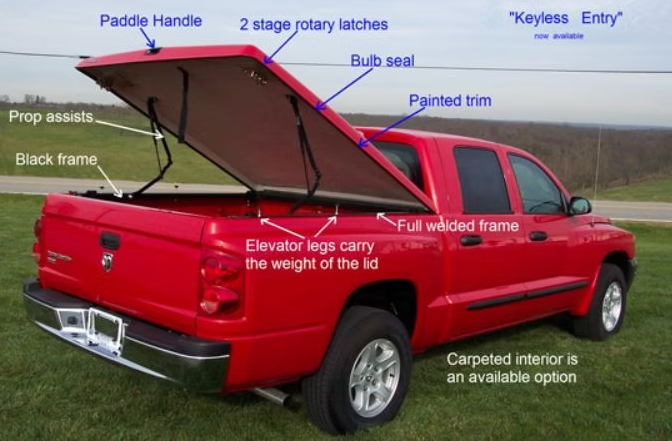 Red pickup truck with a raised bed cover showing labeled parts.