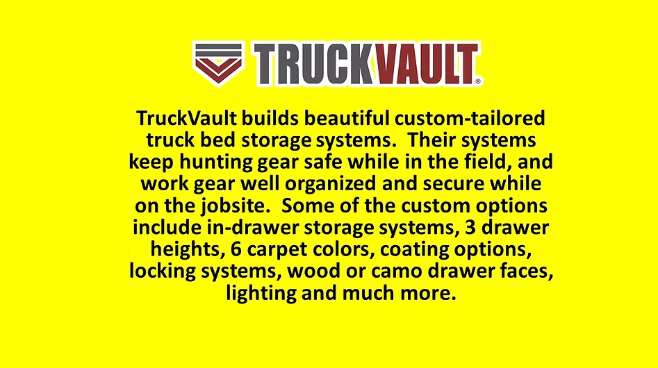 TruckVault ad: Text on yellow background promoting custom truck bed storage systems, including options for organization and security.