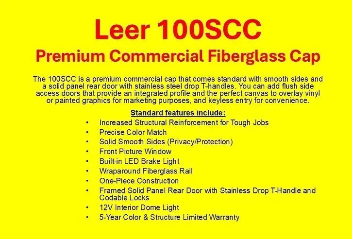 Yellow advertisement for a Leer 100SCC commercial fiberglass cap, with features listed in white text.