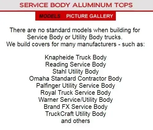 Text listing service body aluminum top manufacturers, including Knapheide, Reading, and Stahl.