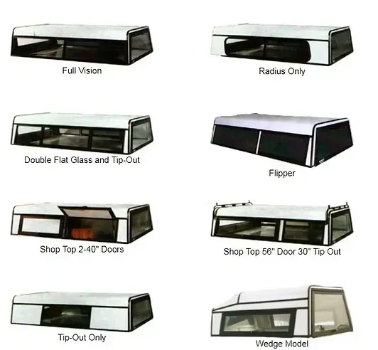 Various truck canopy designs: Full Vision, Radius Only, Double Flat Glass, Flipper, Shop Top, Tip-Out, and Wedge Model.