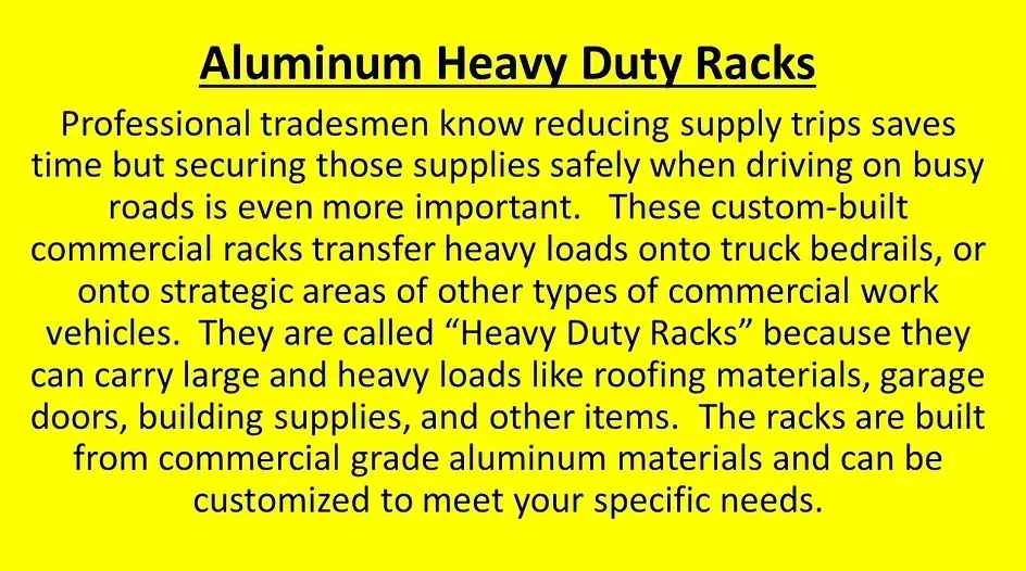 Yellow background with text about aluminum heavy-duty racks for commercial vehicles.