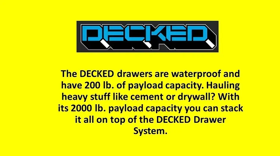 Yellow graphic with the DECKED logo. Text: waterproof drawers with 200 lb. capacity; 2000 lb. payload for stacking.