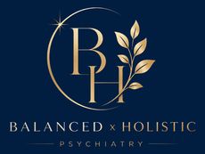 Gold “BH” monogram logo with leafy branch on a navy background, reading “Balanced Holistic Psychiatry”