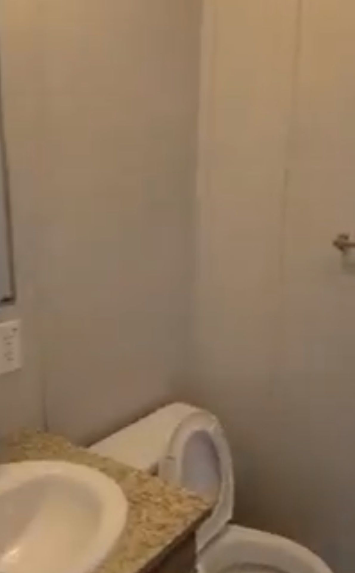 Bathroom interior: toilet, sink with counter, and a mirror on the wall. Light colored walls.