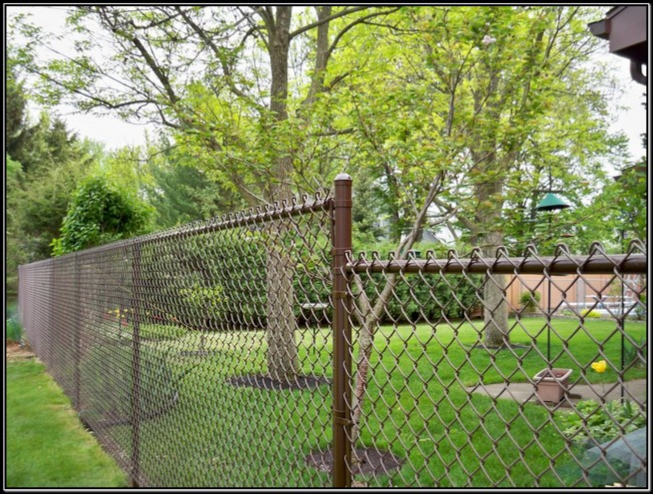 Brown chain-link fence in a grassy yard, with trees in the background, overcast day.