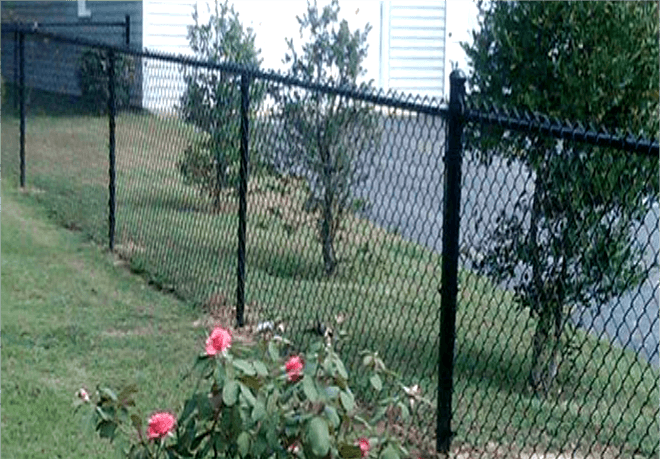Black chain-link fence on a grassy hill with trees and pink flowers in the foreground.