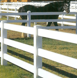 White horse fence surrounding a black horse grazing in a grassy area.