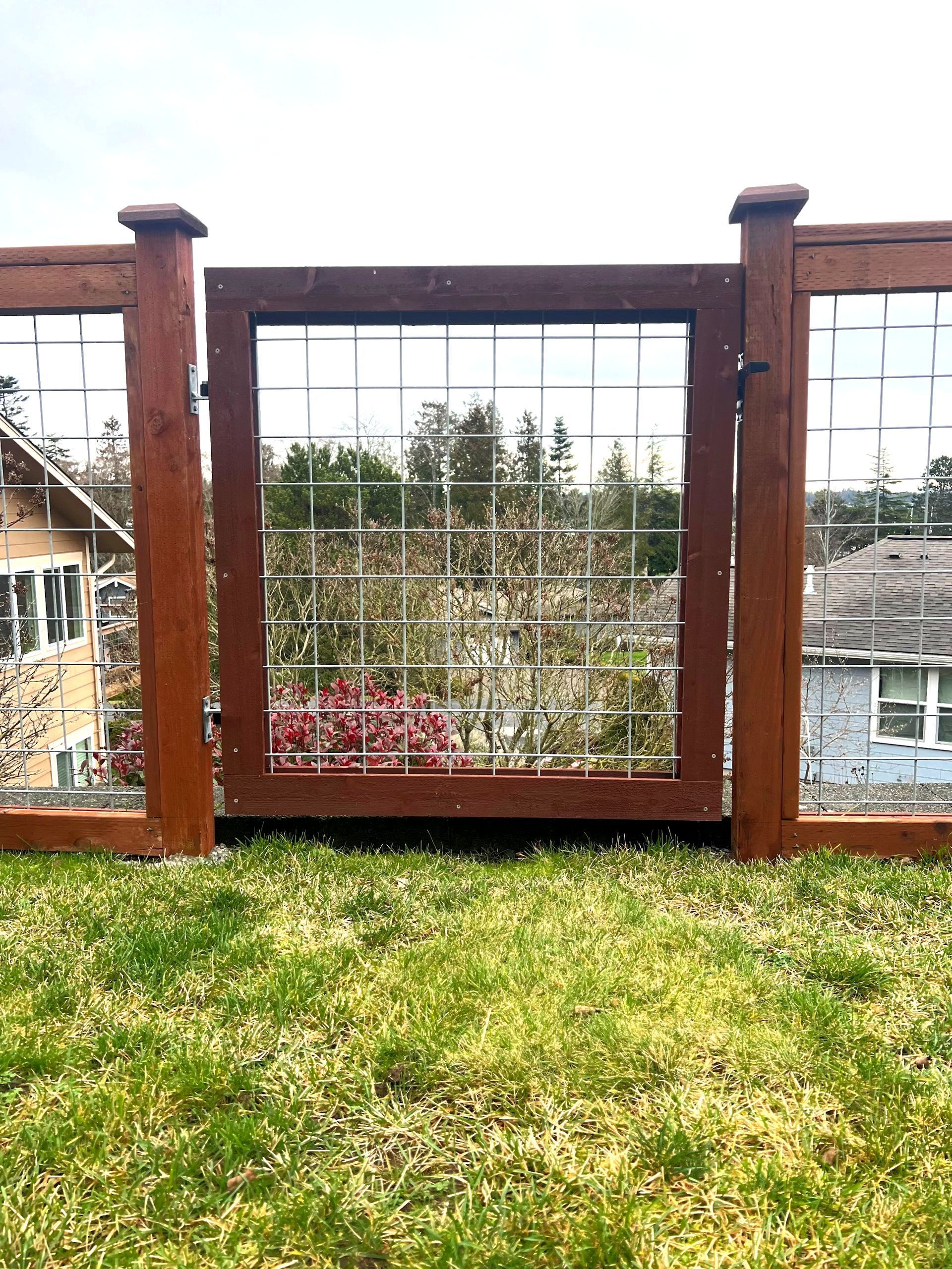 Wooden gate in a brown fence, with wire grid. Green grass in foreground, trees in background.