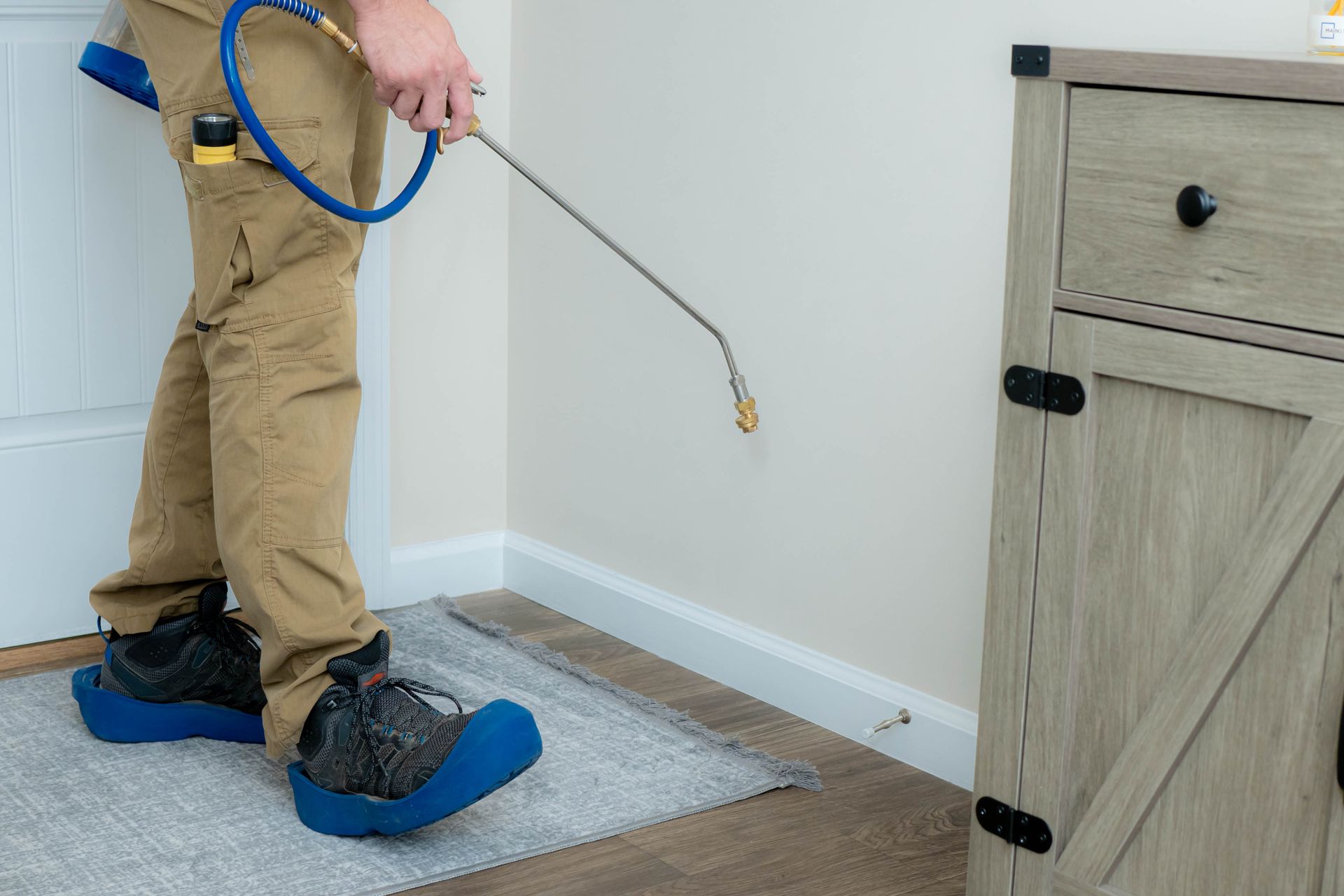 A pest control technician in tan work pants and blue shoe covers treats a baseboard with a long-handled spray wand.