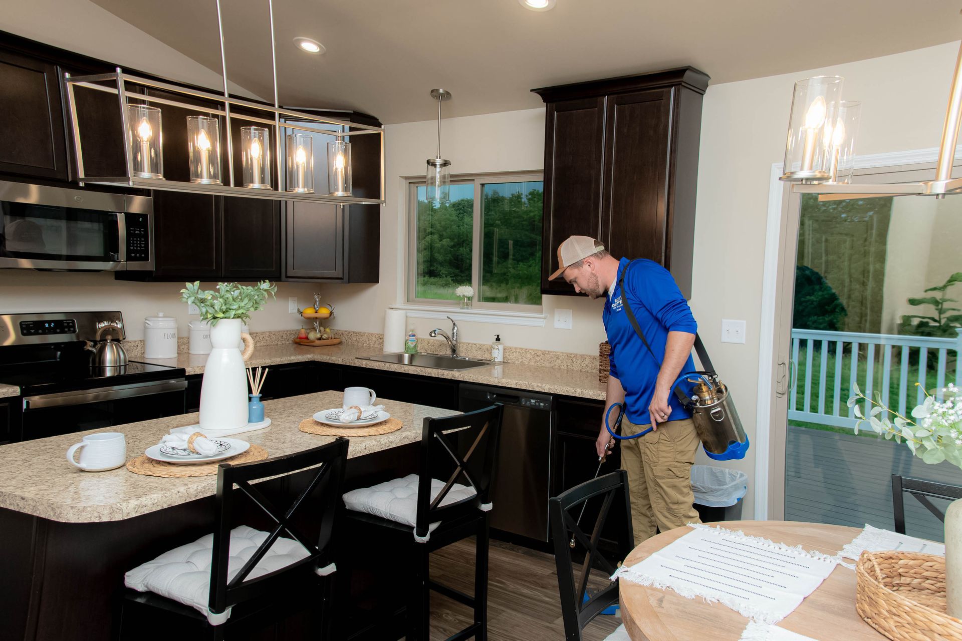 A person in a blue shirt sprays the base of dark kitchen cabinets with a handheld pest control device.