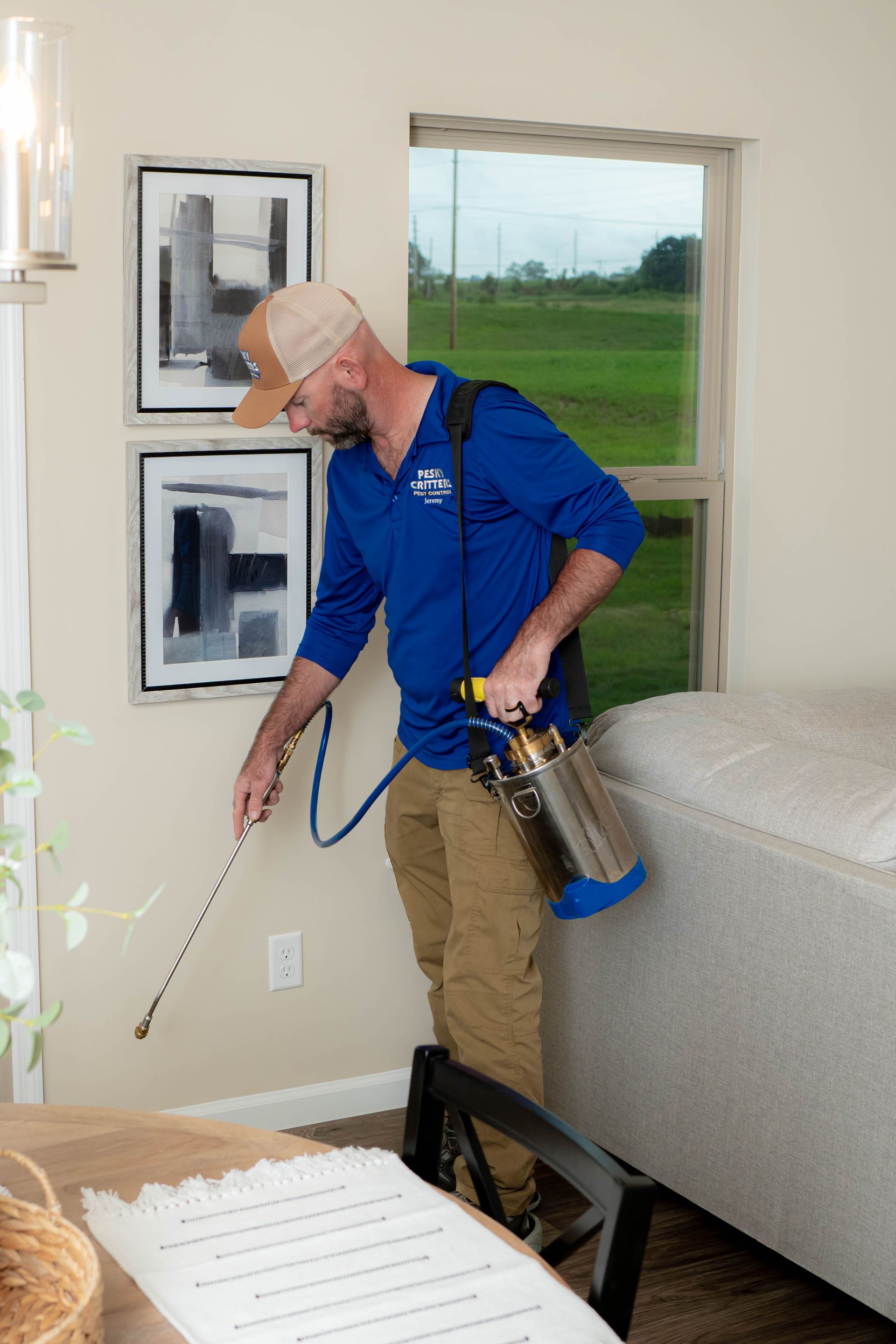 A pest control technician in a blue shirt sprays insecticide along the baseboard of a residential wall.