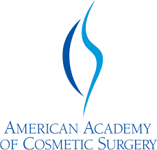 Logo of the American Academy of Cosmetic Surgery: blue abstract shape over text.
