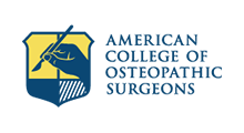 Logo for the American College of Osteopathic Surgeons. Features a hand holding a scalpel within a shield.